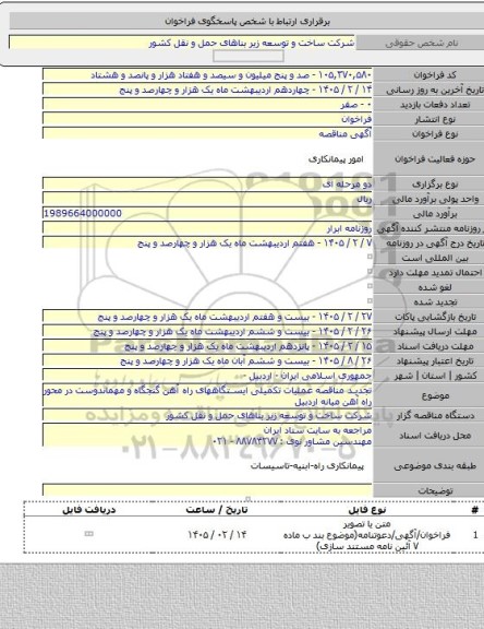 مناقصه, تجدید مناقصه عملیات تکمیلی ایستگاههای راه آهن گنجگاه و مهماندوست در محور راه آهن میانه اردبیل