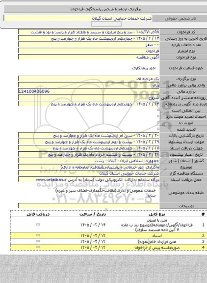 مناقصه, واگذاری ﺍﻣﻮﺭ  خدماتی ﻭ  پشتیبانی(ﻧﻈﺎﻓﺖ،ﺁﺑﺪﺍﺭﺧﺎﻧﻪ ﻭ ﺍﺩﺍﺭی)