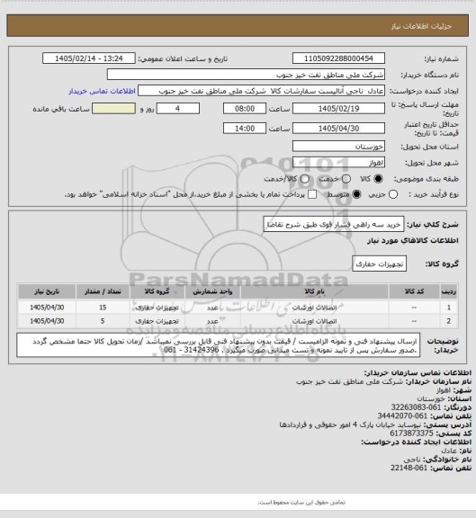 استعلام خرید سه راهی فشار قوی طبق شرح تقاضا