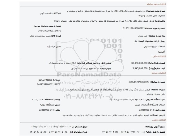 مزایده، فروش شش دانگ پلاک 1761 به غیر از سرقفلیمغازه ها متعلق به لیلا و محمدرضا و غلامرضا علی جعفری و فرزانه