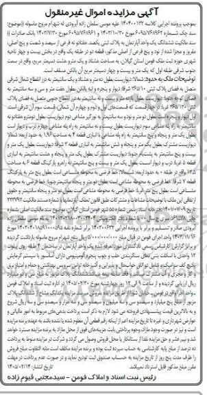 مزایده ششدانگ یک واحد آپارتمان به پلاک ثبتی یکصد هفتادو نه فرعی از سیصد و شصت و پنج اصلی