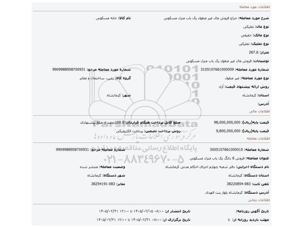 مزایده، فروش مال غیر منقول یک باب منزل مسکونی