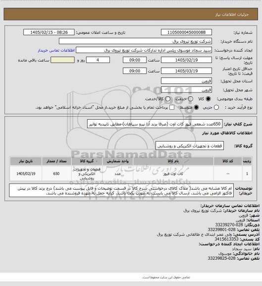 استعلام 650عدد شمعی فیوز کات اوت  (صرفا برند آرا نیرو سپاهان)-مطابق تاییدیه توانیر