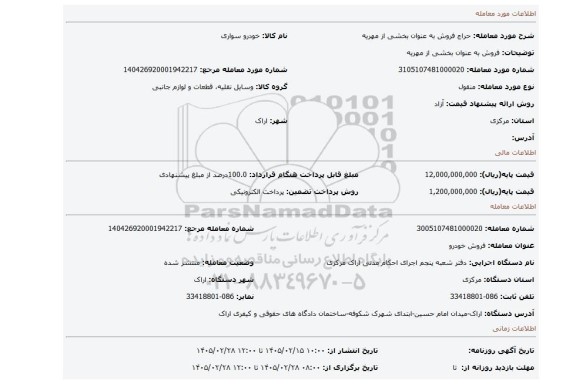 مزایده، فروش به عنوان بخشی از مهریه