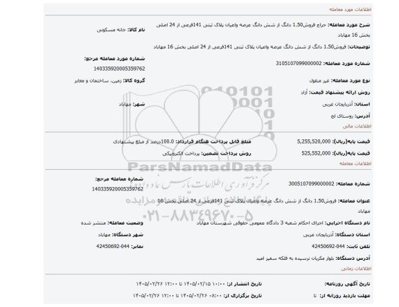 مزایده، فروش1.50 دانگ از شش دانگ عرصه واعیان پلاک ثبتی 141فرعی از  24 اصلی بخش 16 مهاباد