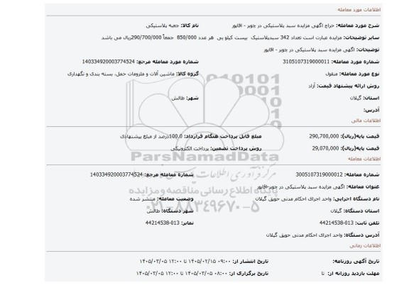 مزایده، اگهی مزایده سبد پلاستیکی در چوبر - اقاپور