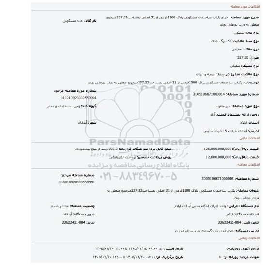 مزایده، یکباب ساختمان مسکونی پلاک 1300فرعی از 31 اصلی بمساحت237.32مترمربع متعلق به وراث نورعلی نوری
