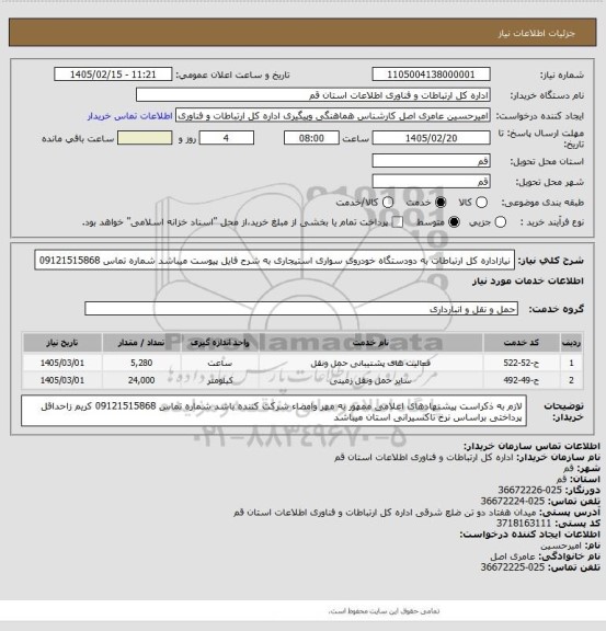 استعلام نیازاداره کل ارتباطات به دودستگاه خودروی سواری استیجاری به شرح فایل پیوست میباشد شماره تماس 09121515868