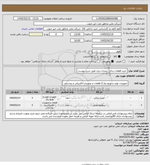 استعلام خرید قطعات یدکی نیسان دیزل طبق شرح پیوست