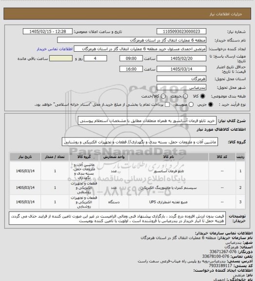 استعلام خرید تابلو فرمان آسانسور به همراه متعلقات مطابق با مشخصات استعلام پیوستی