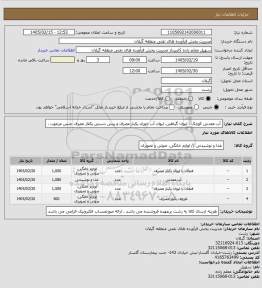استعلام آب معدنی کوچک ، لیوان گیاهی، لیوان آب خوری یکبار مصرف و پیش دستی یکلار مصرف جنس مرغوب .