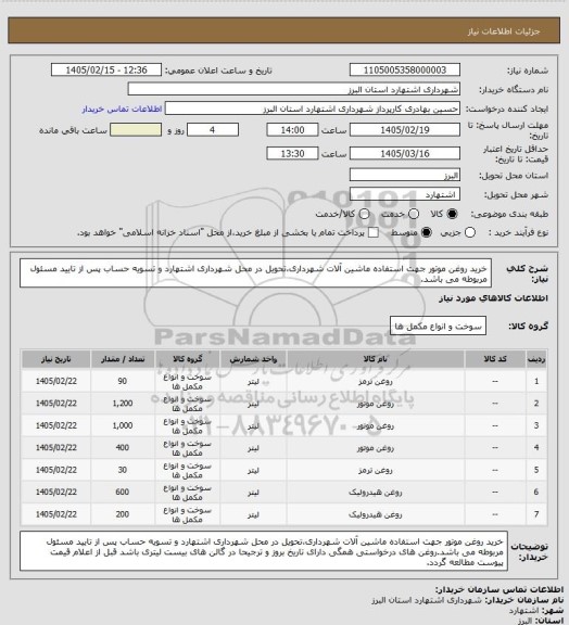 استعلام خرید روغن موتور جهت استفاده ماشین آلات شهرداری،تحویل در محل شهرداری اشتهارد و تسویه حساب پس از تایید مسئول مربوطه می باشد.