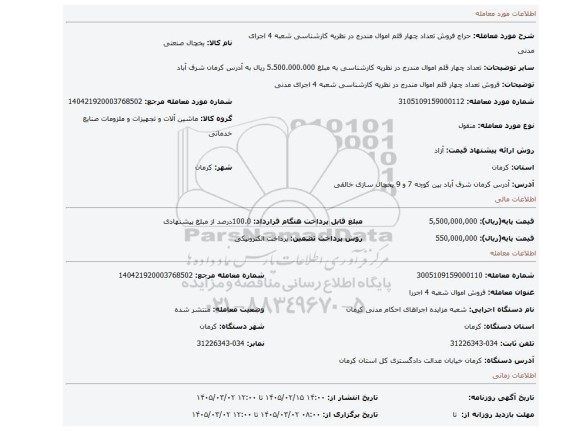 مزایده، فروش تعداد چهار قلم اموال  مندرج در نظریه کارشناسی شعبه 4 اجرای مدنی