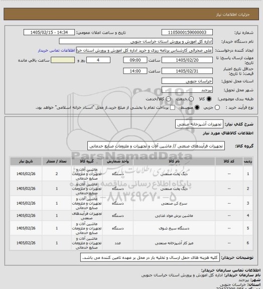 استعلام تجهیزات آشپزخانه صنعتی