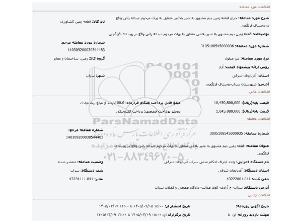 مزایده، قطعه زمین دیم مشهور به نصیر بلاغی متعلق به وراث مرحوم عبداله راثی واقع در روستای قزلگچی