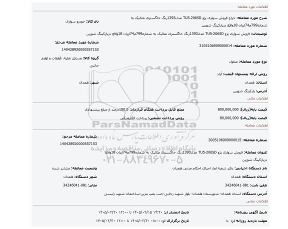 مزایده، فروش سواری پژو TU5-206SD مدل1393رنگ خاگستری متالیک به شماره799م74ایران 18واقع درپارکینگ شورین