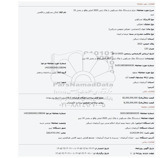 مزایده، ششدانگ ملک مسکونی با پلاک ثبتی 2023 اصلی واقع در بخش 10 تبریز
