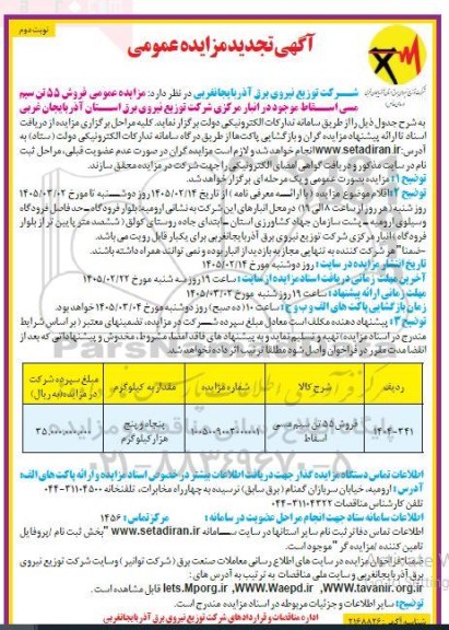 مزایده فروش 55 تن سیم مسی اسقاط تجدید نوبت دوم 