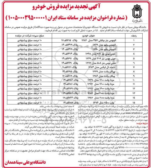 تجدید مزایده فروش 15 دستگاه خودرو سواری