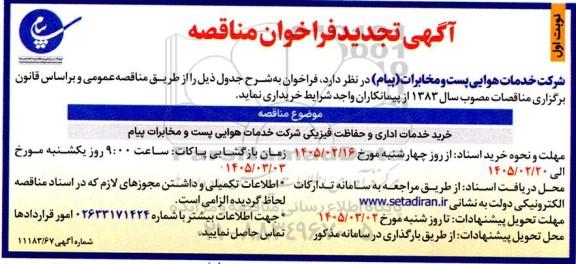 فراخوان تجدید مناقصه خرید خدمات اداری و حفاظت فیزیکی....