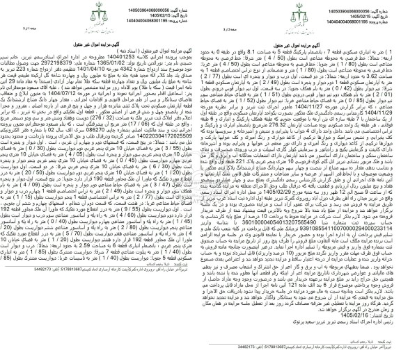 مزایده مقدار چهار دانگ مشاع از ششدانگ یک قطعه آپارتمان مسكوني تحت پلاک ثبتی  