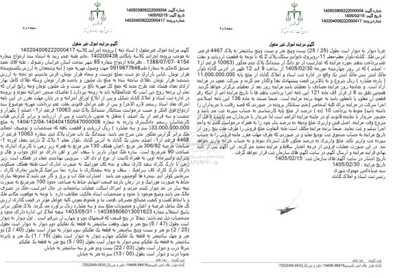مزایده ششدانگ پلاک ثبتی 10063 فرعی 