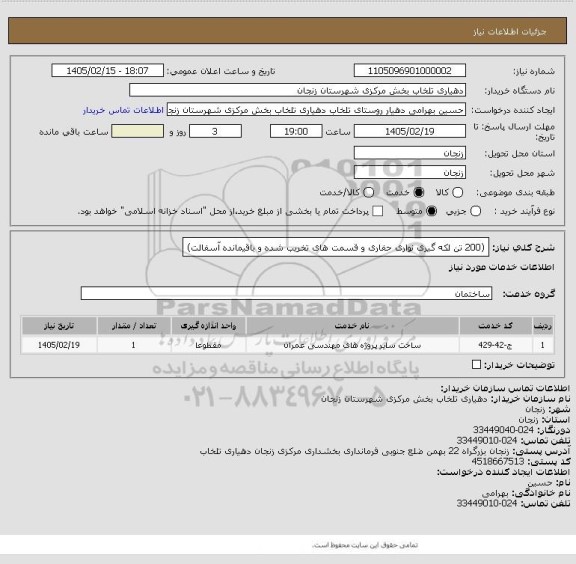 استعلام (200 تن لکه گیری نواری حفاری و قسمت های تخریب شده و باقیمانده آسفالت)