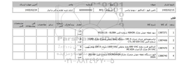 استعلام، تامین فیوز - کنتاکتور - دیودو ترانس