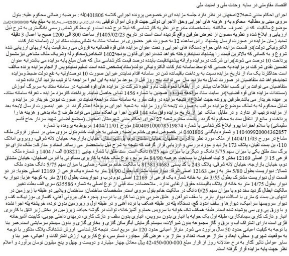 مزایده ملک شماره ملک فرعی 15 از اصلی 12169 