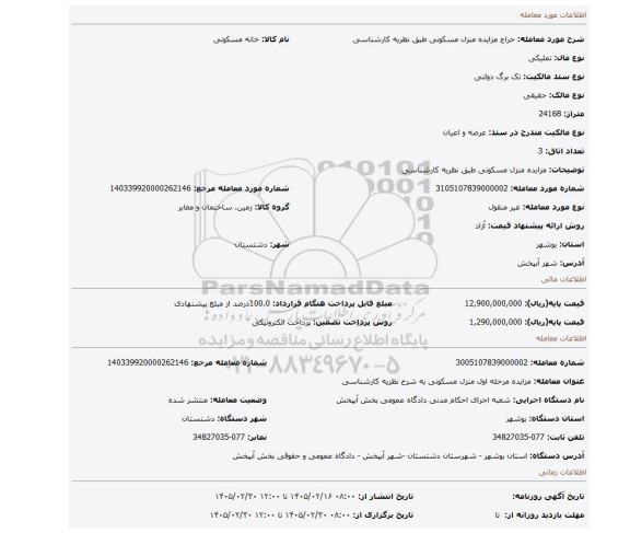 مزایده، مزایده منزل مسکونی طبق نظریه کارشناسی