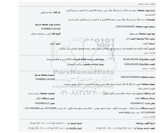 مزایده، سه دانگ از ششدانگ پلاک ثبتی شماره 64 فرعی از 3 اصلی به شرج گزارش کارشناسی