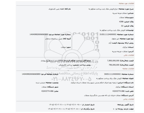 مزایده، فروش ملک بابت پرداخت محکوم به