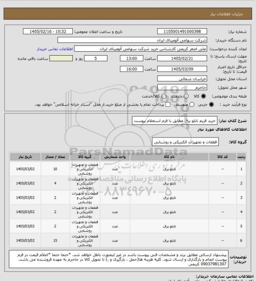 استعلام خرید فریم  تابلو برق مطابق با فرم استعلام پیوست