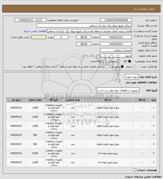 استعلام  پیچ و مهره