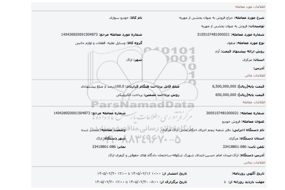 مزایده، فروش به عنوان بخشی از مهریه