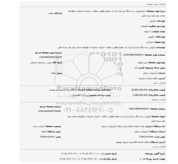 مزایده، فروش سه دانگ مشاع از یک باب مغازه واقع در ملکان –خیابان جانبازان با قولنامه عادی بنام داود عبدی لکی