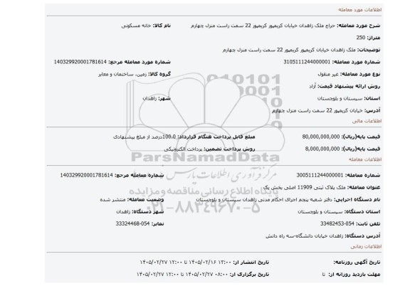 مزایده، ملک زاهدان  خیابان کریمپور  کریمپور 22 سمت راست  منزل چهارم