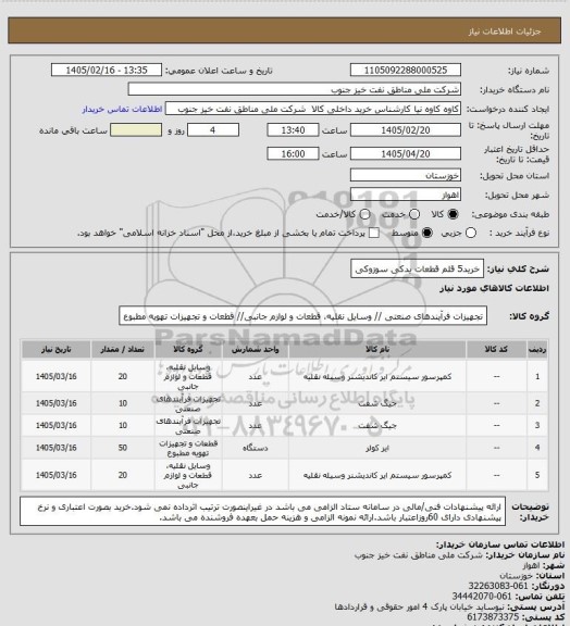استعلام خرید5 قلم قطعات یدکی سوزوکی