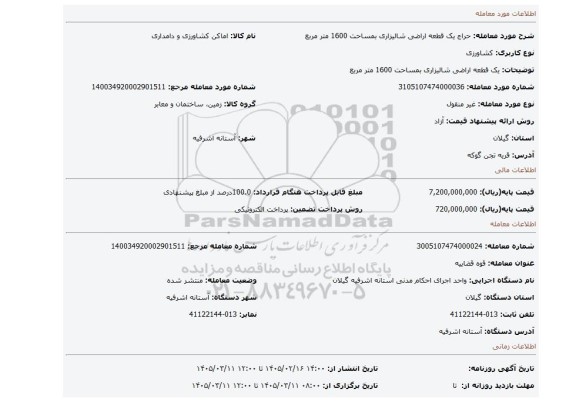 مزایده، یک قطعه اراضی شالیزاری بمساحت 1600 متر مربع