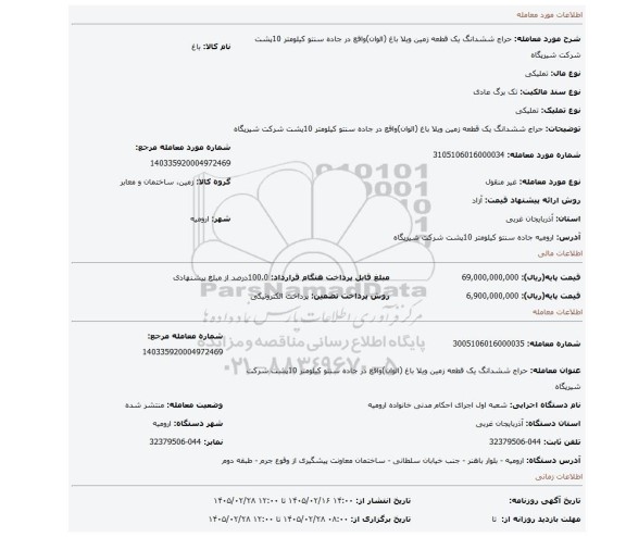 مزایده، حراج ششدانگ یک قطعه زمین ویلا باغ (الوان)واقع در جاده سنتو کیلومتر 10پشت شرکت شیرپگاه
