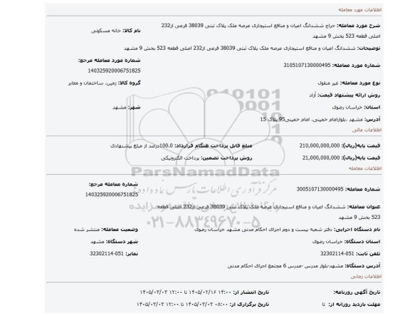 مزایده، ششدانگ اعیان و منافع استیجاری عرصه ملک پلاک ثبتی  38039 فرعی از232 اصلی قطعه 523 بخش 9 مشهد
