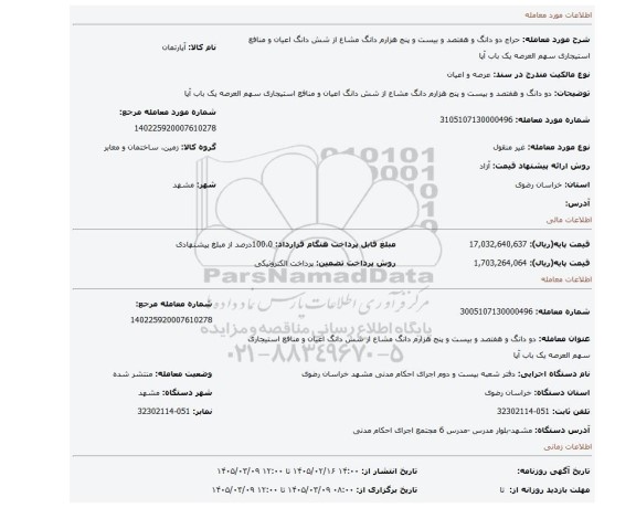 مزایده، دو دانگ و هفتصد و بیست و پنج هزارم دانگ مشاع از شش دانگ اعیان و منافع استیجاری سهم العرصه یک باب آپا