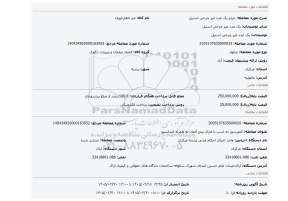 مزایده، یک عدد میز چرخی استیل