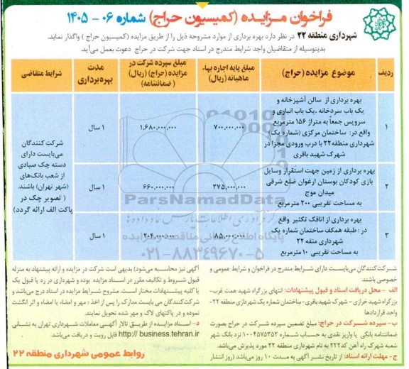 مزایده (حراج) بهره برداری از سالن آشپزخانه ...