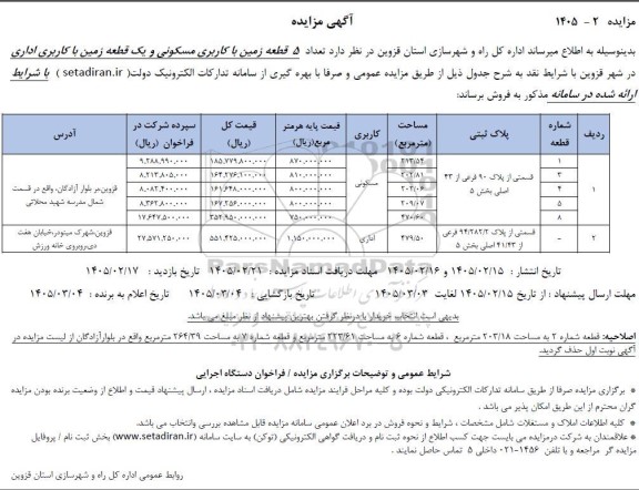 مزایده تعداد 5 قطعه زمین با کاربری مسکونی و یک قطعه زمین با کاربری اداری