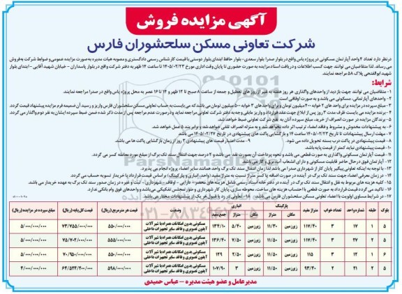 آگهی مزایده فروش تعداد 4 واحد آپارتمان مسکونی 