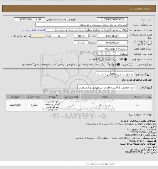 استعلام در خواست خرید 5000 تن شکسته، سایت ستاد