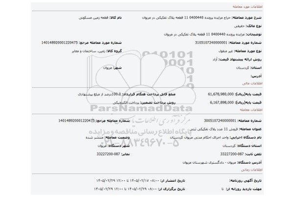 مزایده، مزایده پرونده 0400440 11 قطعه پلاک تفکیکی در مریوان