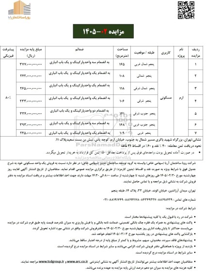 مزایده فروش یک واحد مسکونی، نام پروژه ارم