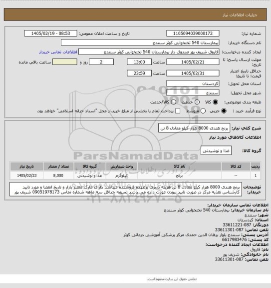 استعلام برنج هندی 8000 هزار کیلو معادل 8 تن